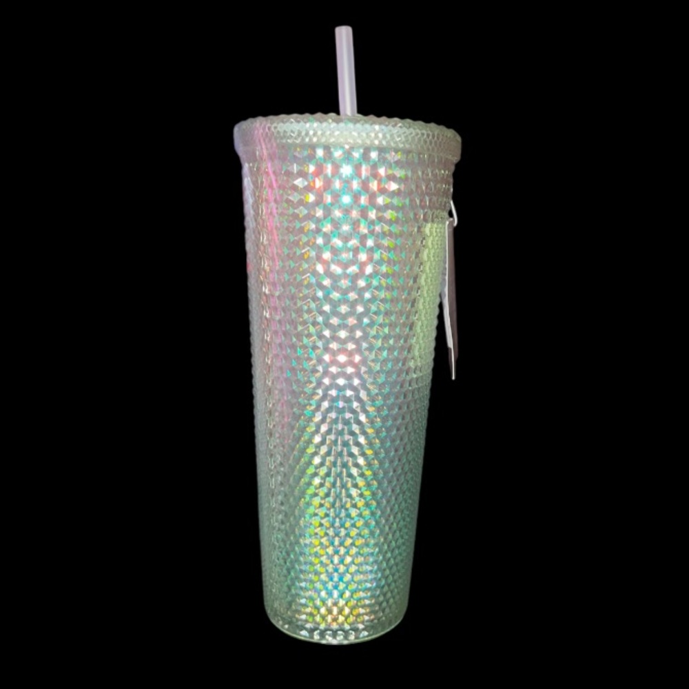 Iridescent Green 24 oz Double Wall Textured Plastic Tumbler w/ Lid + Straw, NWT